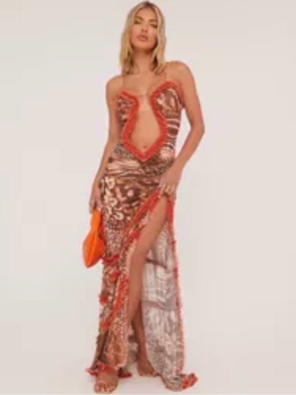 EGO Copper Sequin Maxi Dress with Orange Trim